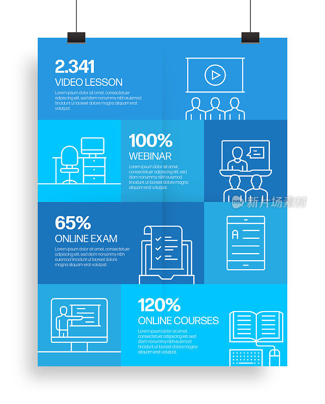 E-Learning, Online Education and Distance Education相关过程信息图表模板。过程时间图。带有线性图标的工作流布局